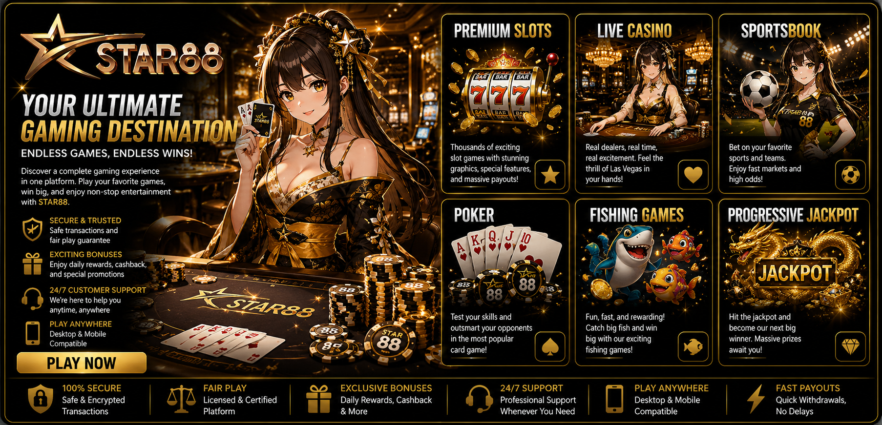 Star88 Games - Play Premium Slots, Live Casino, Sportsbook, Poker, Fishing Games & Progressive Jackpot Online